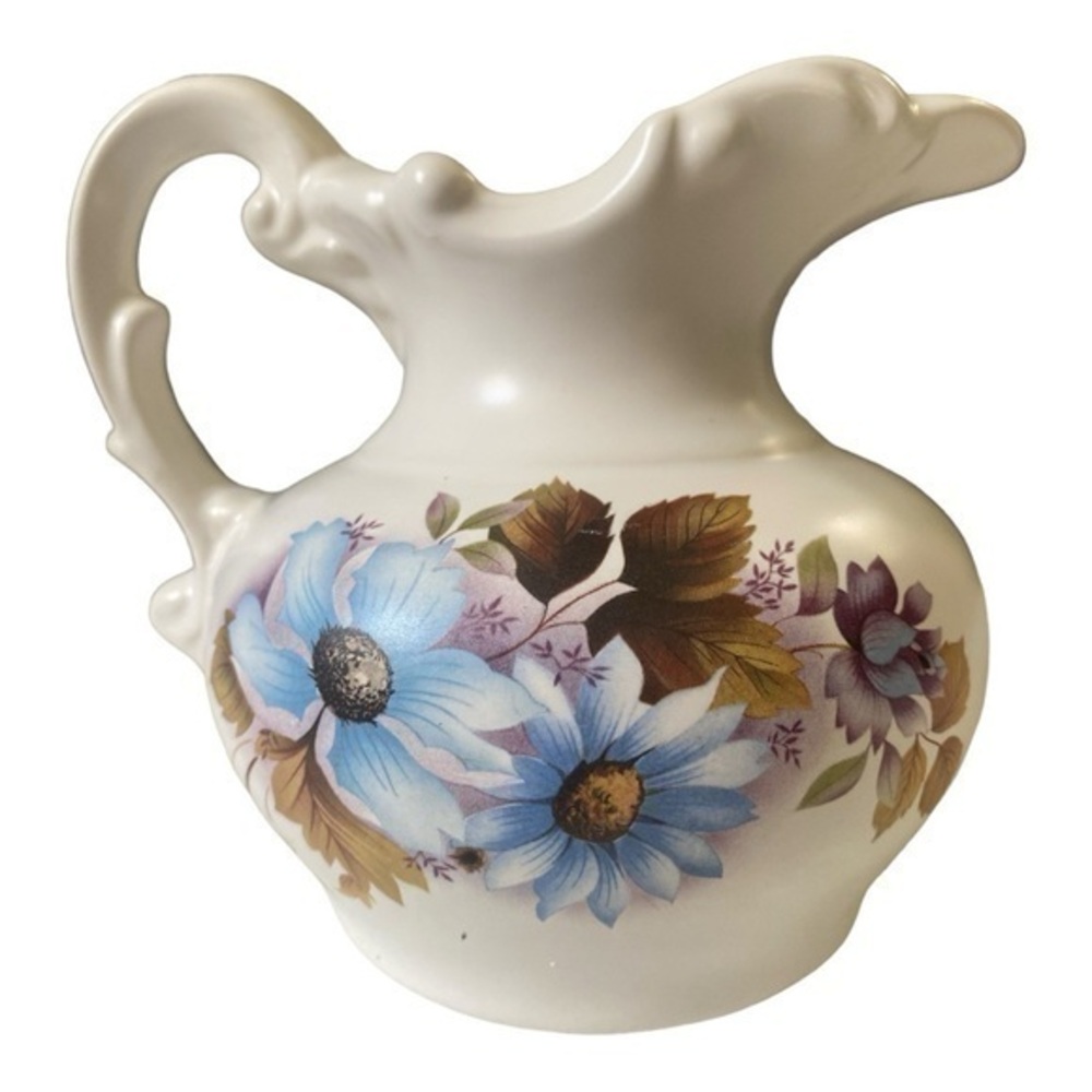 Mccoy USA Vintage Ceramic Pottery Blue Daisy Flower Pitcher With Matte Finish